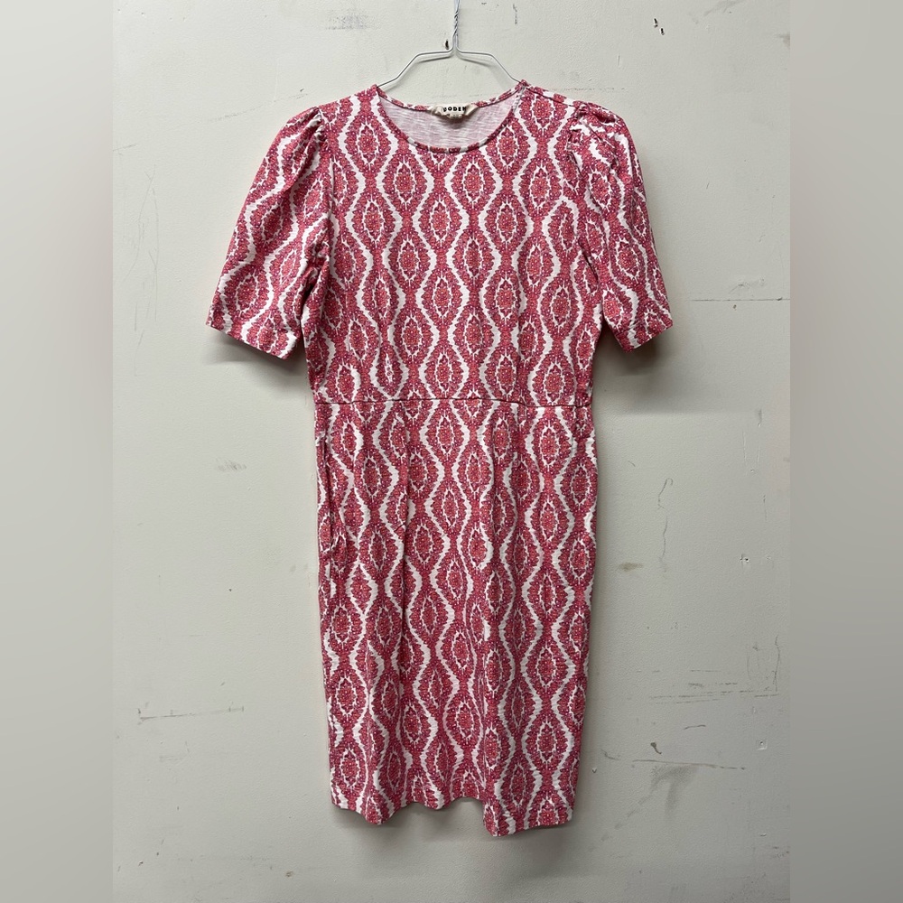 Boden Zoe Jersey Dress 12 12r Amaryllis Short Sleeve AOP Mini Sheath Printed